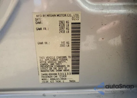 2022 Nissan Altima Sv z USA, uszkodzony, nr VIN 1N4BL4DVXNN331133